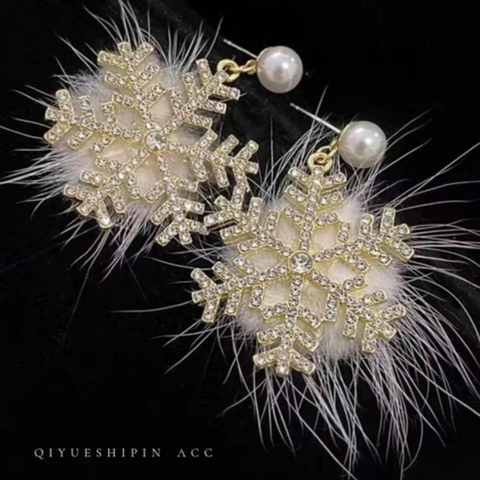 Christmas Snowflake Earrings Women's Full Diamond Pearl Plush Earrings